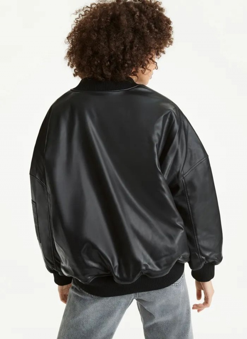Black DKNY Faux Leather Oversized Bomber Women's Jackets | USA-D0130