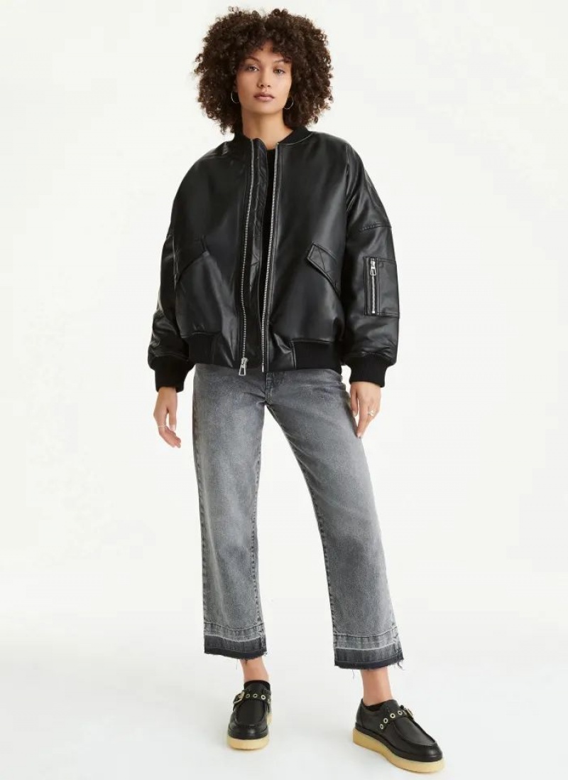Black DKNY Faux Leather Oversized Bomber Women's Jackets | USA-D0130