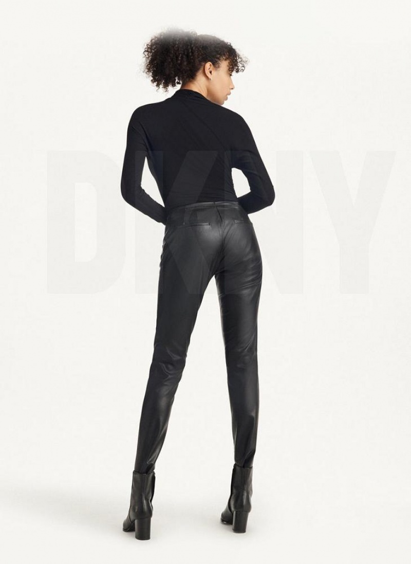 Black DKNY Faux Leather Skinny With Side Zipper Women's Pants | USA-D1800