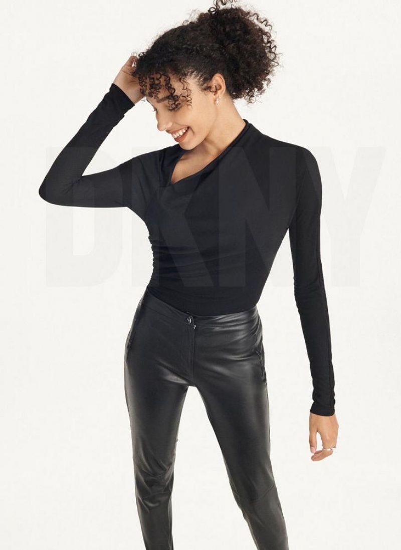 Black DKNY Faux Leather Skinny With Side Zipper Women's Pants | USA-D1800
