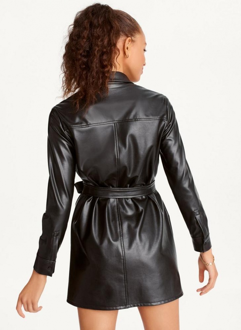Black DKNY Faux Leather Women's Dresses | USA-D1336
