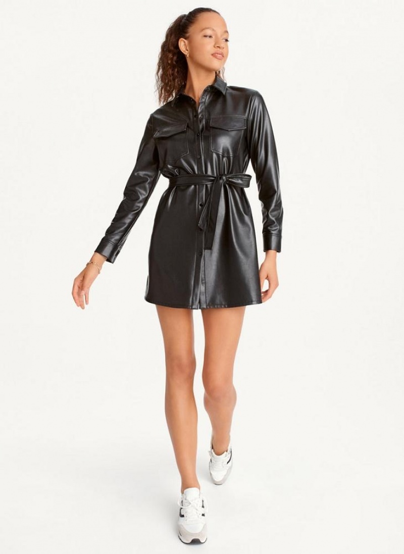 Black DKNY Faux Leather Women's Dresses | USA-D1336