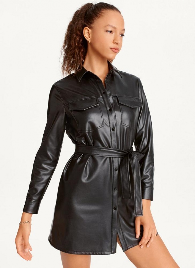 Black DKNY Faux Leather Women\'s Dresses | USA-D1336
