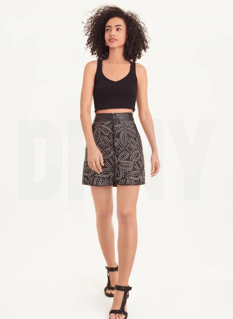 Black DKNY Faux Stud Front Zip Mini Women's Skirts | USA-D1316