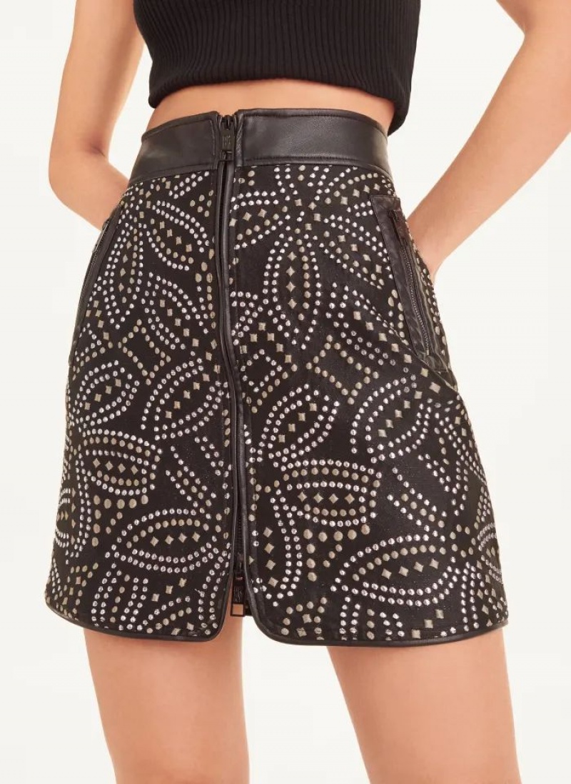 Black DKNY Faux Stud Front Zip Mini Women's Skirts | USA-D1316