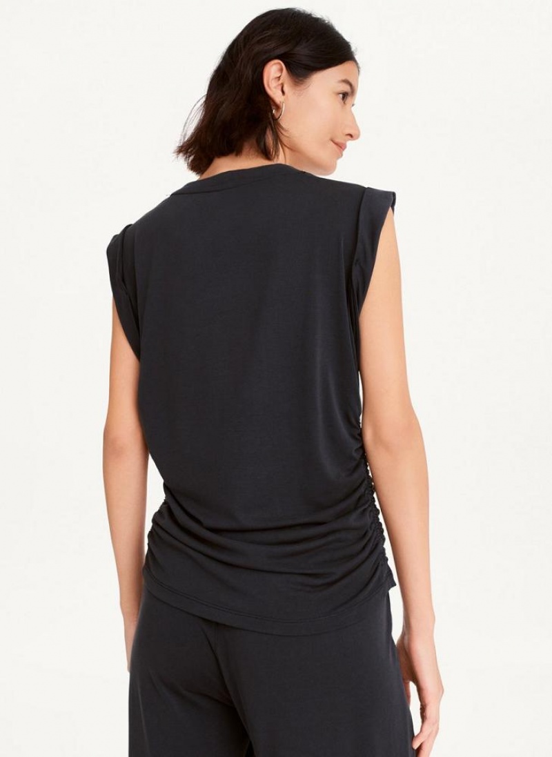 Black DKNY Flange Sleeve With Side Ruching Women's Tank Tops | USA-D1717