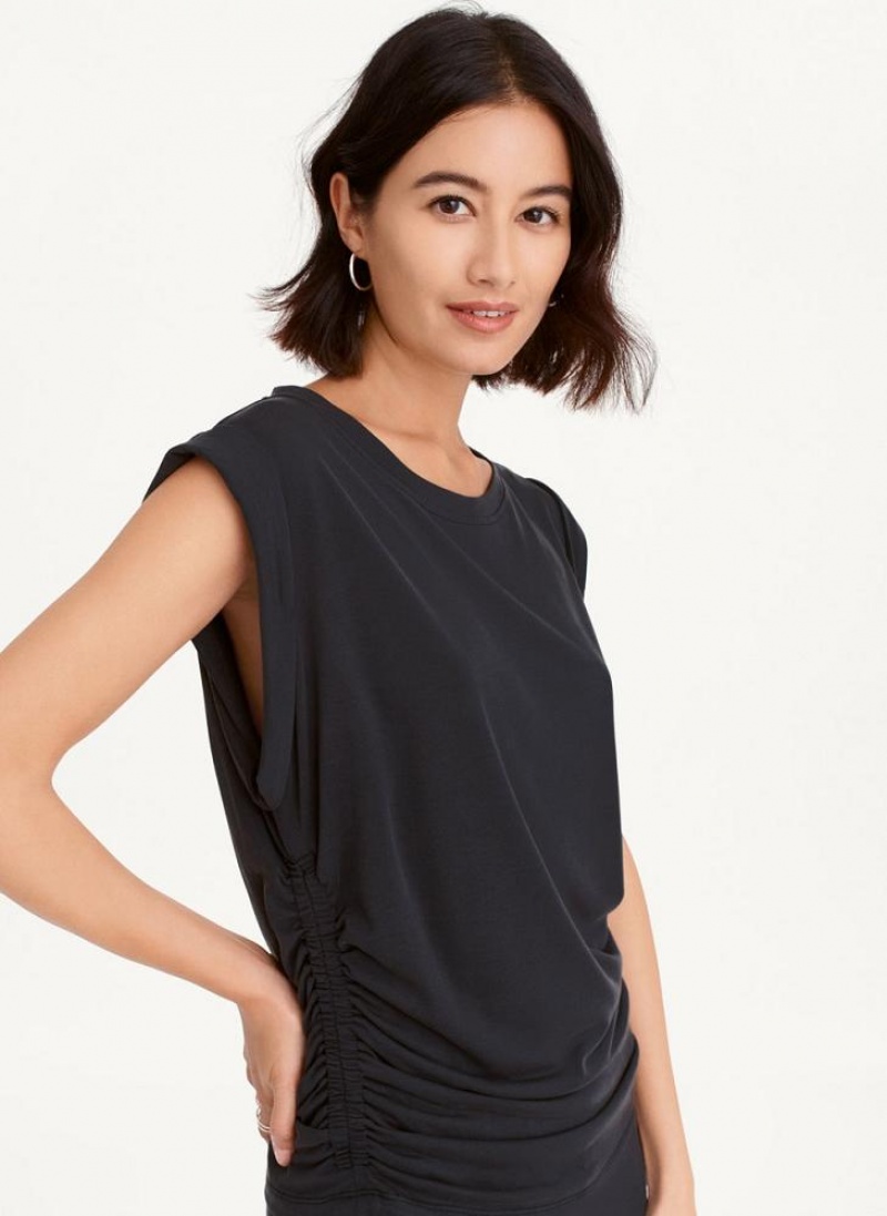 Black DKNY Flange Sleeve With Side Ruching Women's Tank Tops | USA-D1717
