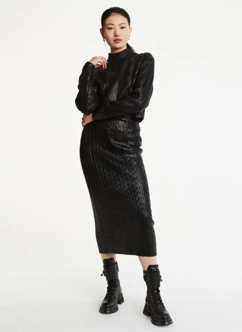 Black DKNY Foil Cropped Women's Sweaters | USA-D0123