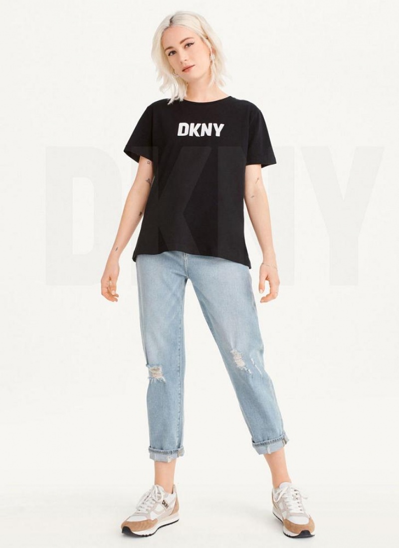 Black DKNY Foundation Logo Women's T Shirts | USA-D0362