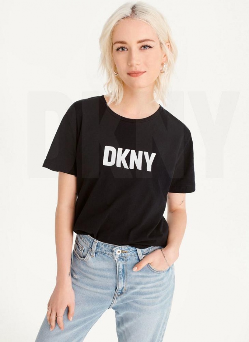 Black DKNY Foundation Logo Women's T Shirts | USA-D0362