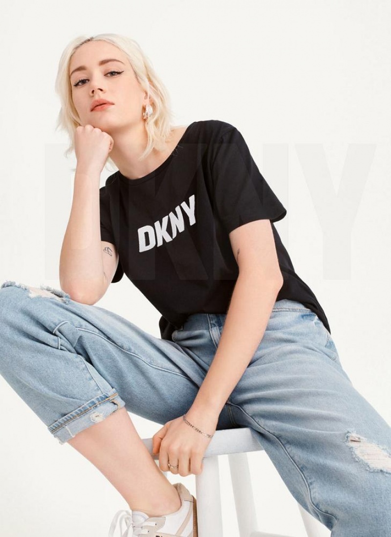 Black DKNY Foundation Logo Women's T Shirts | USA-D0362