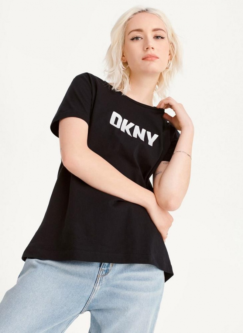 Black DKNY Foundation Logo Women\'s T Shirts | USA-D0362