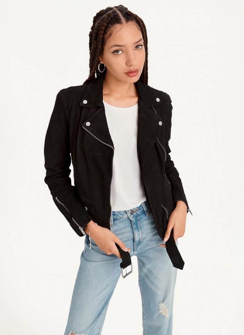 Black DKNY Garment Dyed Leather Women's Jackets | USA-D0119
