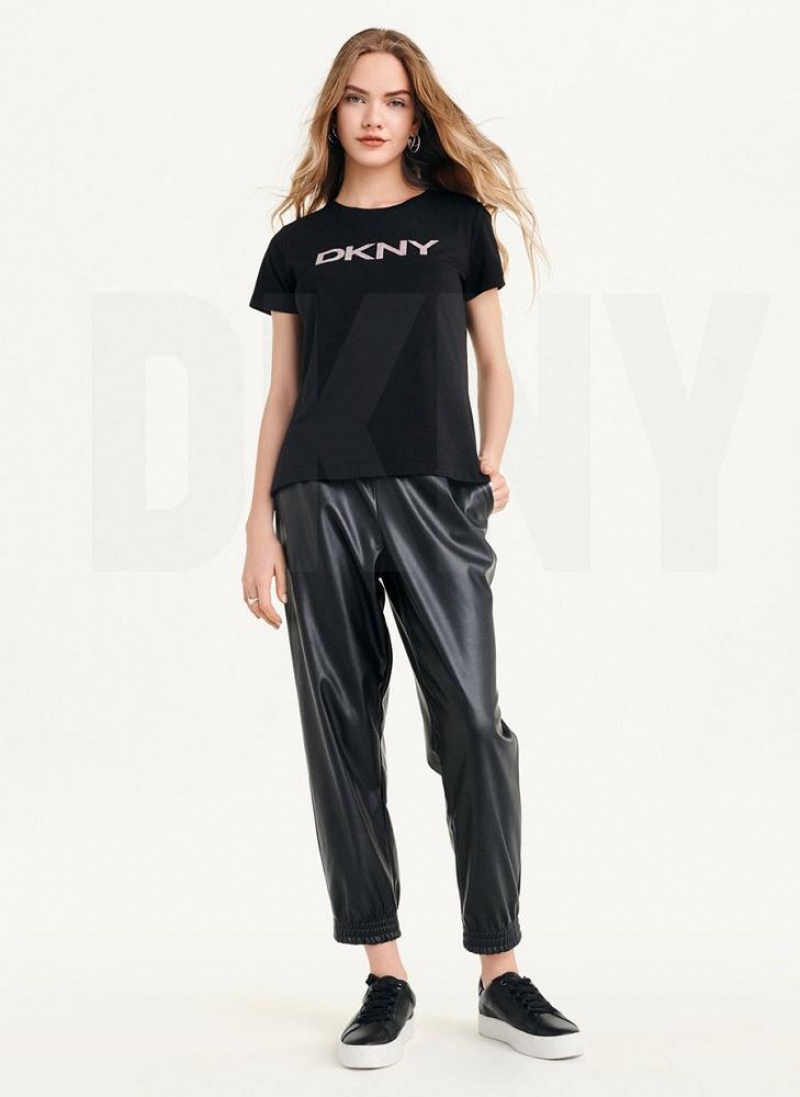 Black DKNY Glitter Logo Women's T Shirts | USA-D1886