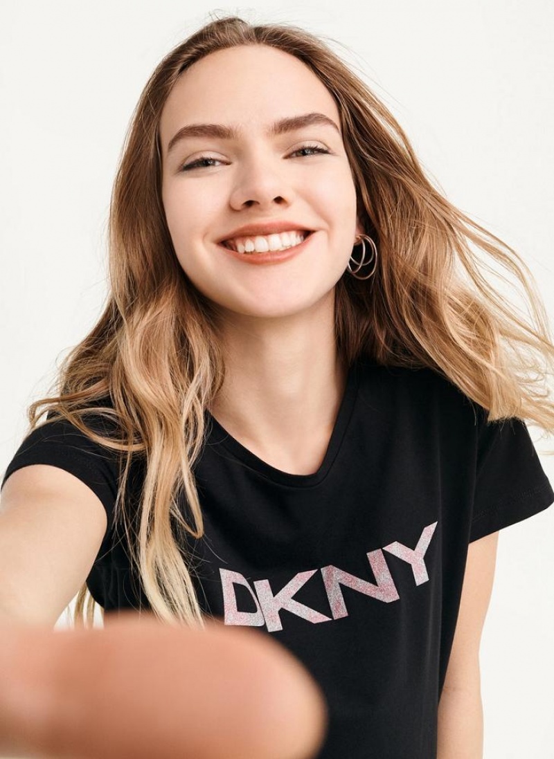 Black DKNY Glitter Logo Women's T Shirts | USA-D1886