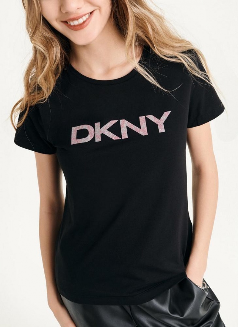 Black DKNY Glitter Logo Women's T Shirts | USA-D1886