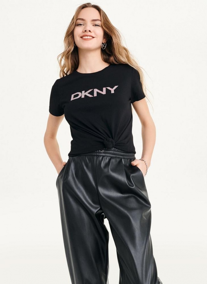 Black DKNY Glitter Logo Women's T Shirts | USA-D1886