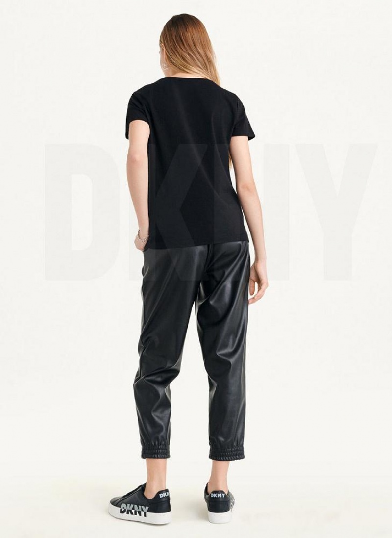 Black DKNY Glitter Logo Women's T Shirts | USA-D1886