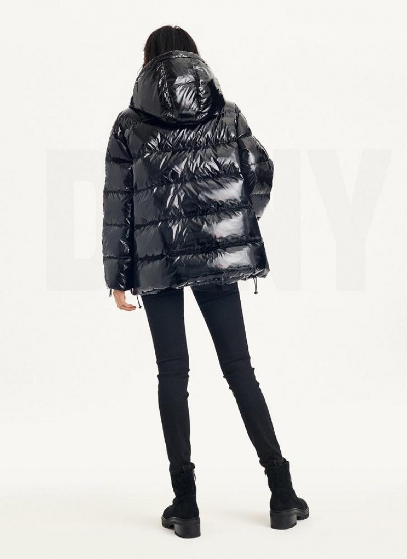 Black DKNY Glossy Oversized Women's Puffer Jacket | USA-D1370