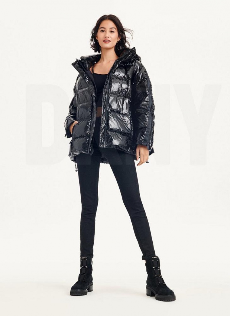 Black DKNY Glossy Oversized Women's Puffer Jacket | USA-D1370