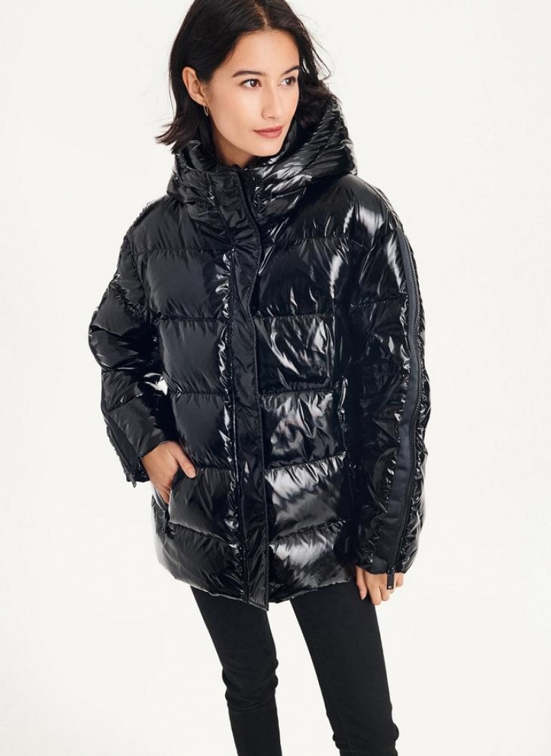 Black DKNY Glossy Oversized Women's Puffer Jacket | USA-D1370