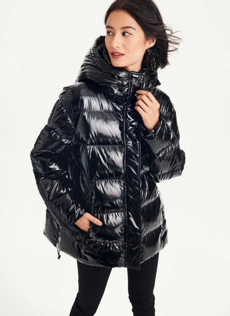 Black DKNY Glossy Oversized Women\'s Puffer Jacket | USA-D1370