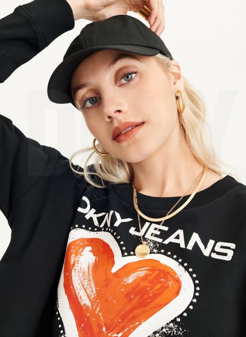 Black DKNY Graffiti Heart Cold Pigment Dyed Women's Sweatshirts | USA-D0634