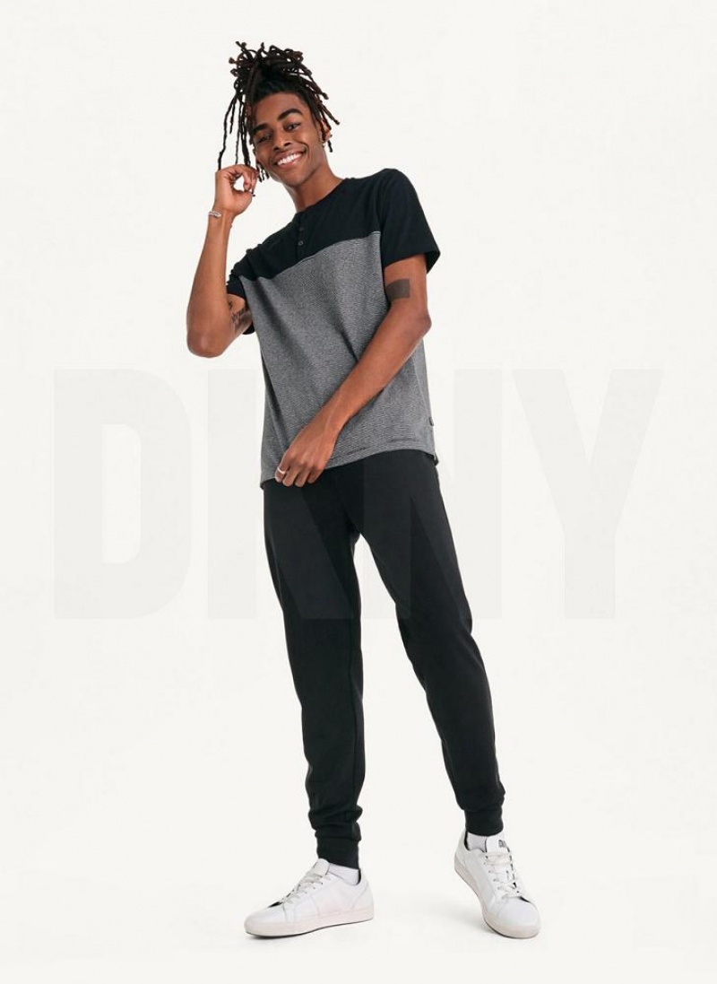 Black DKNY Henley Men's T Shirts | USA-D0400