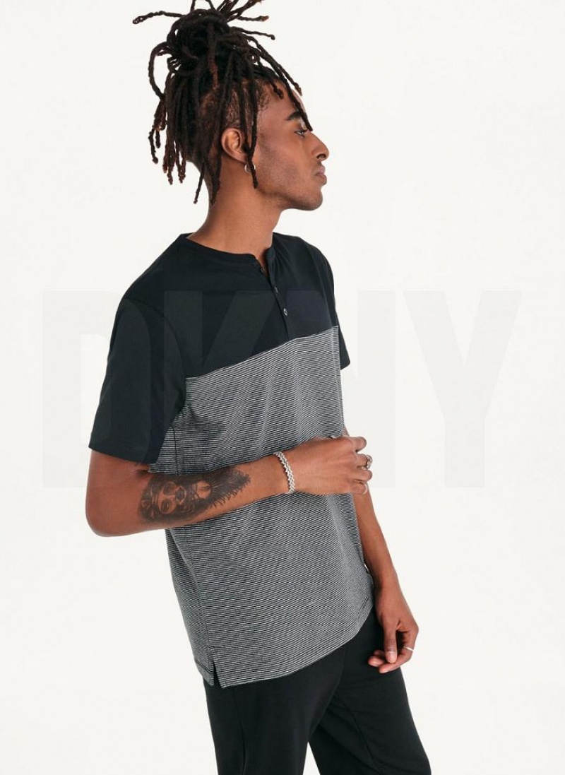 Black DKNY Henley Men's T Shirts | USA-D0400