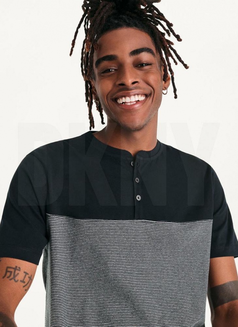 Black DKNY Henley Men's T Shirts | USA-D0400