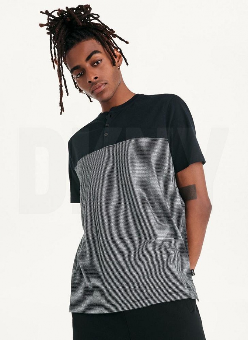 Black DKNY Henley Men's T Shirts | USA-D0400