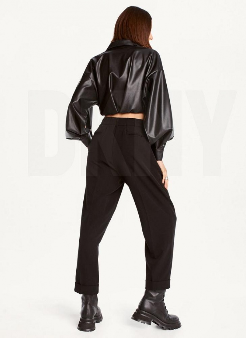 Black DKNY High Rise Pleat Rolled Cuff Women's Pants | USA-D1466