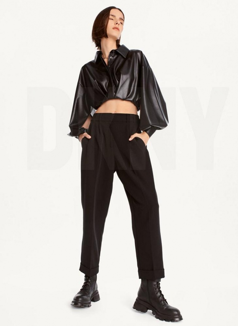 Black DKNY High Rise Pleat Rolled Cuff Women's Pants | USA-D1466