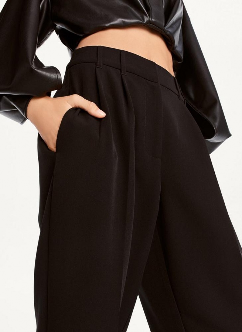 Black DKNY High Rise Pleat Rolled Cuff Women's Pants | USA-D1466