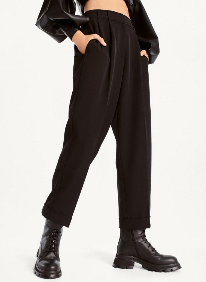 Black DKNY High Rise Pleat Rolled Cuff Women\'s Pants | USA-D1466