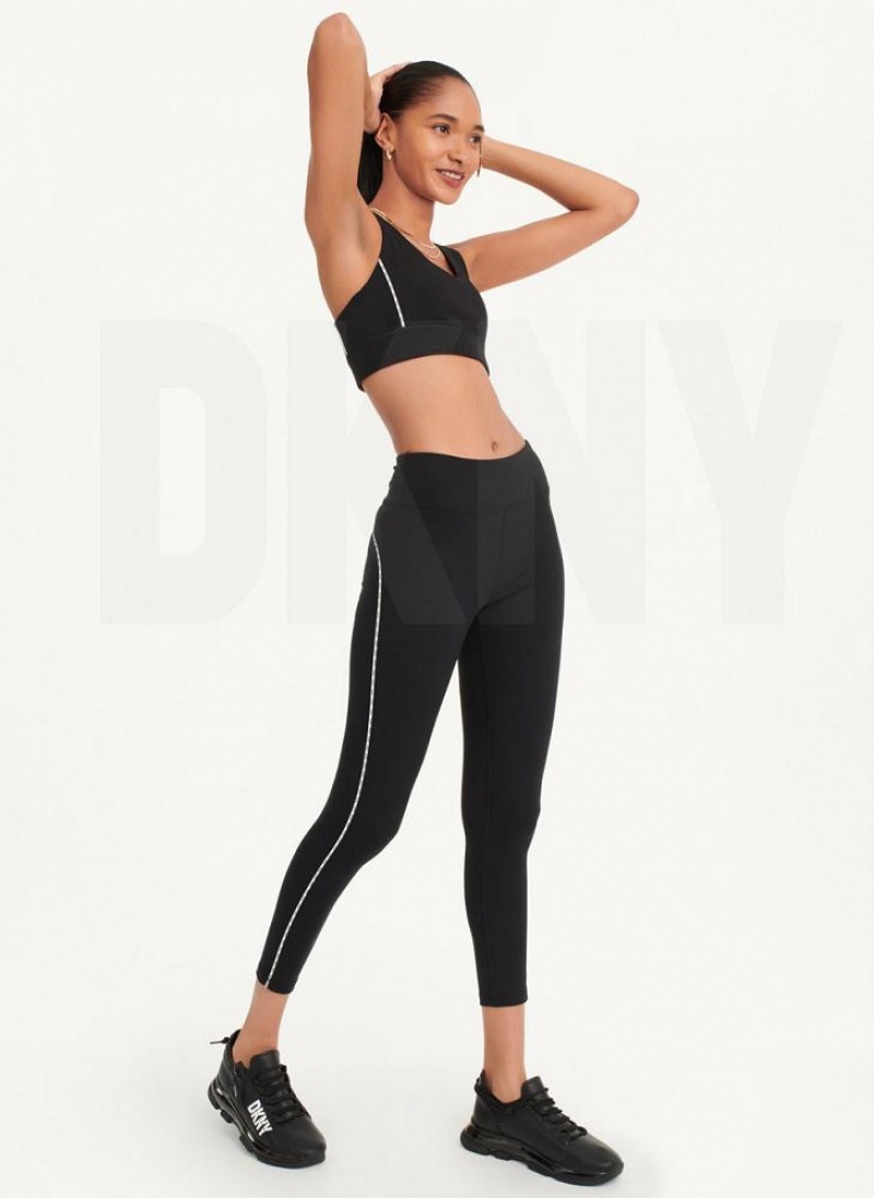 Black DKNY High Waisted with Logo Piping Women's Leggings | USA-D1295
