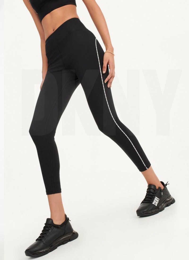 Black DKNY High Waisted with Logo Piping Women's Leggings | USA-D1295