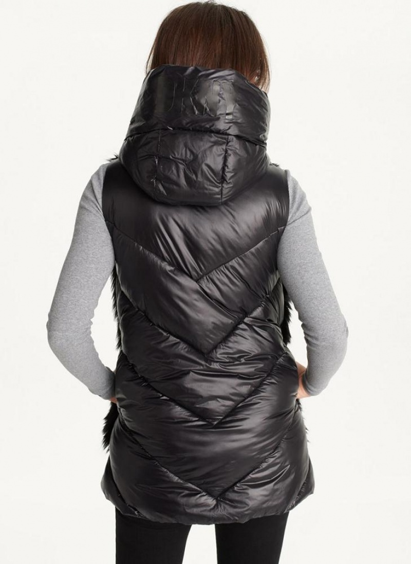 Black DKNY Hooded Puffer Vest With Faux Fur Front Women's Coats | USA-D0737