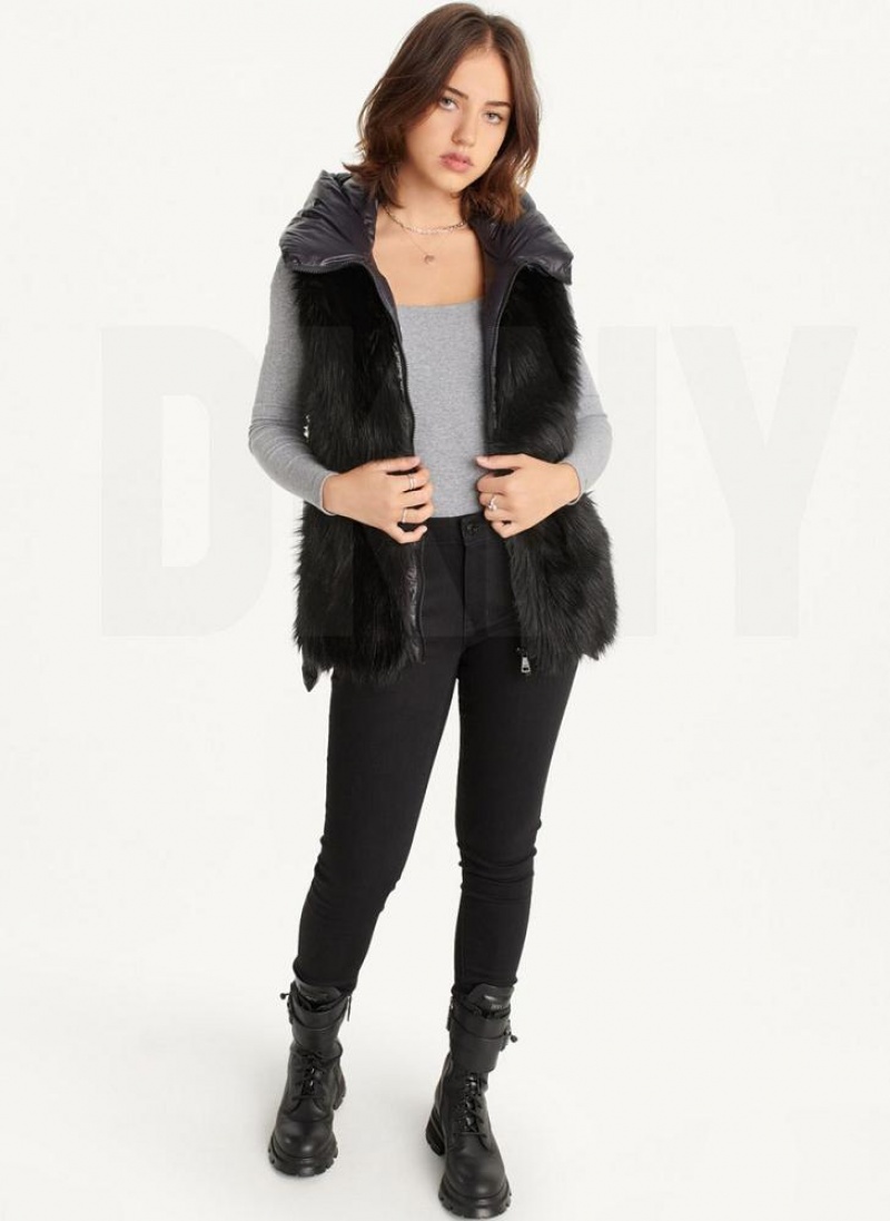 Black DKNY Hooded Puffer Vest With Faux Fur Front Women's Coats | USA-D0737