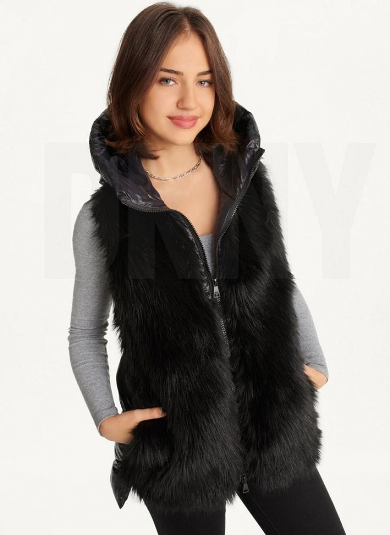 Black DKNY Hooded Puffer Vest With Faux Fur Front Women\'s Coats | USA-D0737