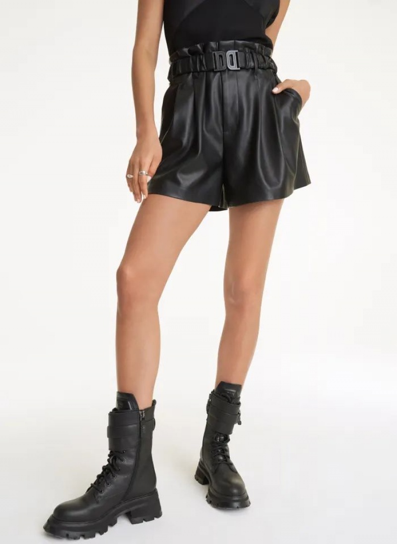 Black DKNY Logo Belt Faux Leather Women\'s Shorts | USA-D1643