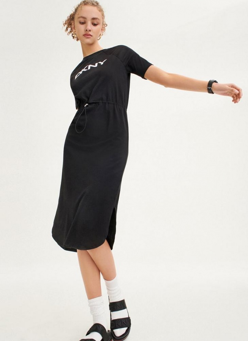 Black DKNY Logo Drawstring Waist Women's Dresses | USA-D0473