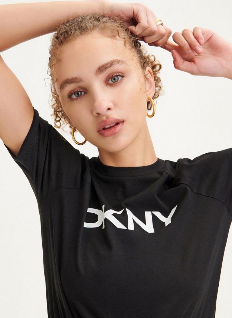 Black DKNY Logo Drawstring Waist Women's Dresses | USA-D0473