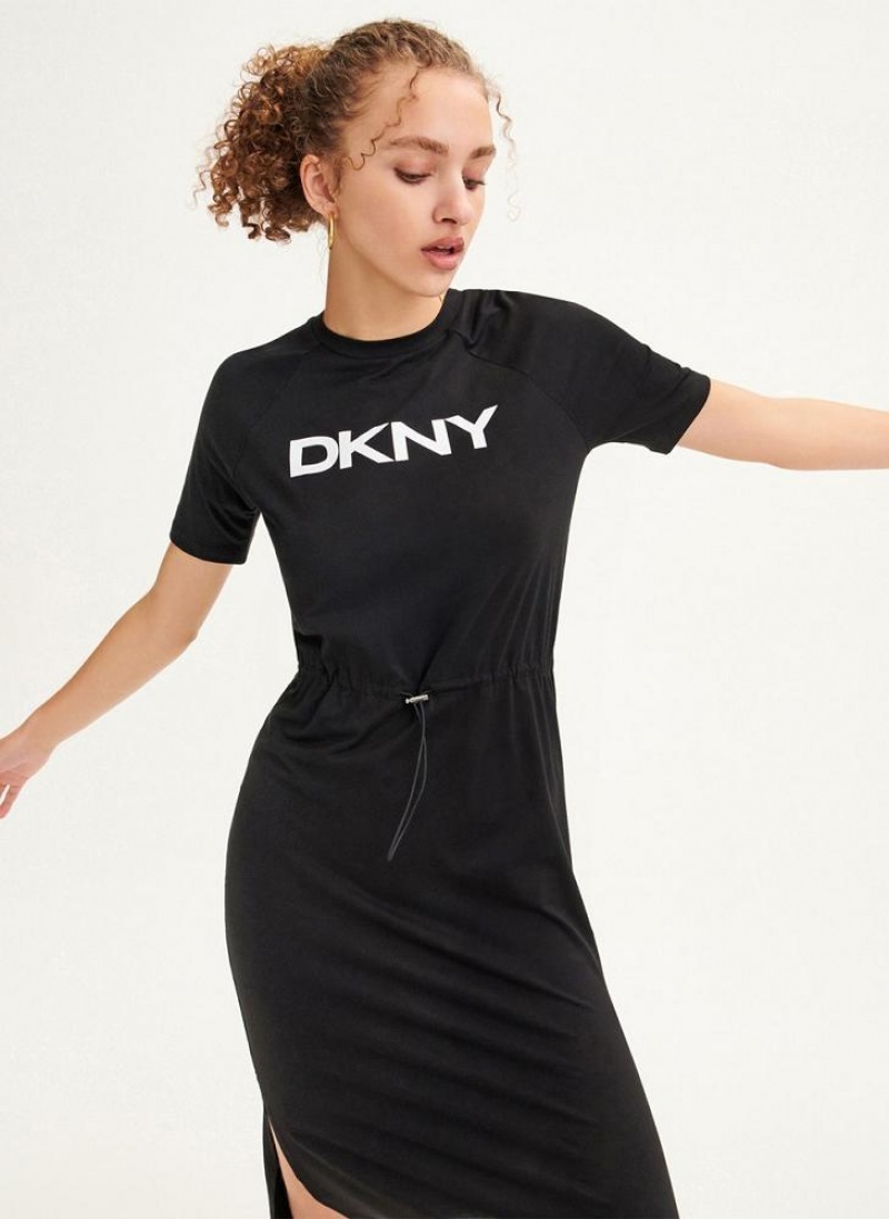 Black DKNY Logo Drawstring Waist Women's Dresses | USA-D0473