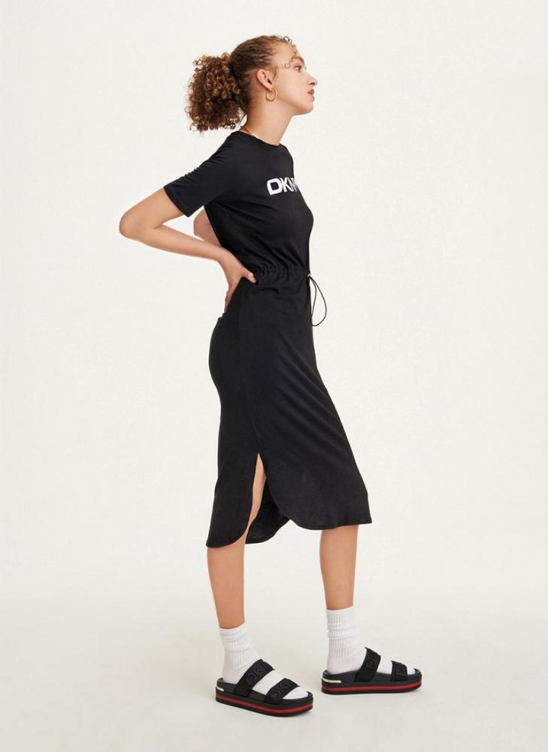 Black DKNY Logo Drawstring Waist Women's Dresses | USA-D0473