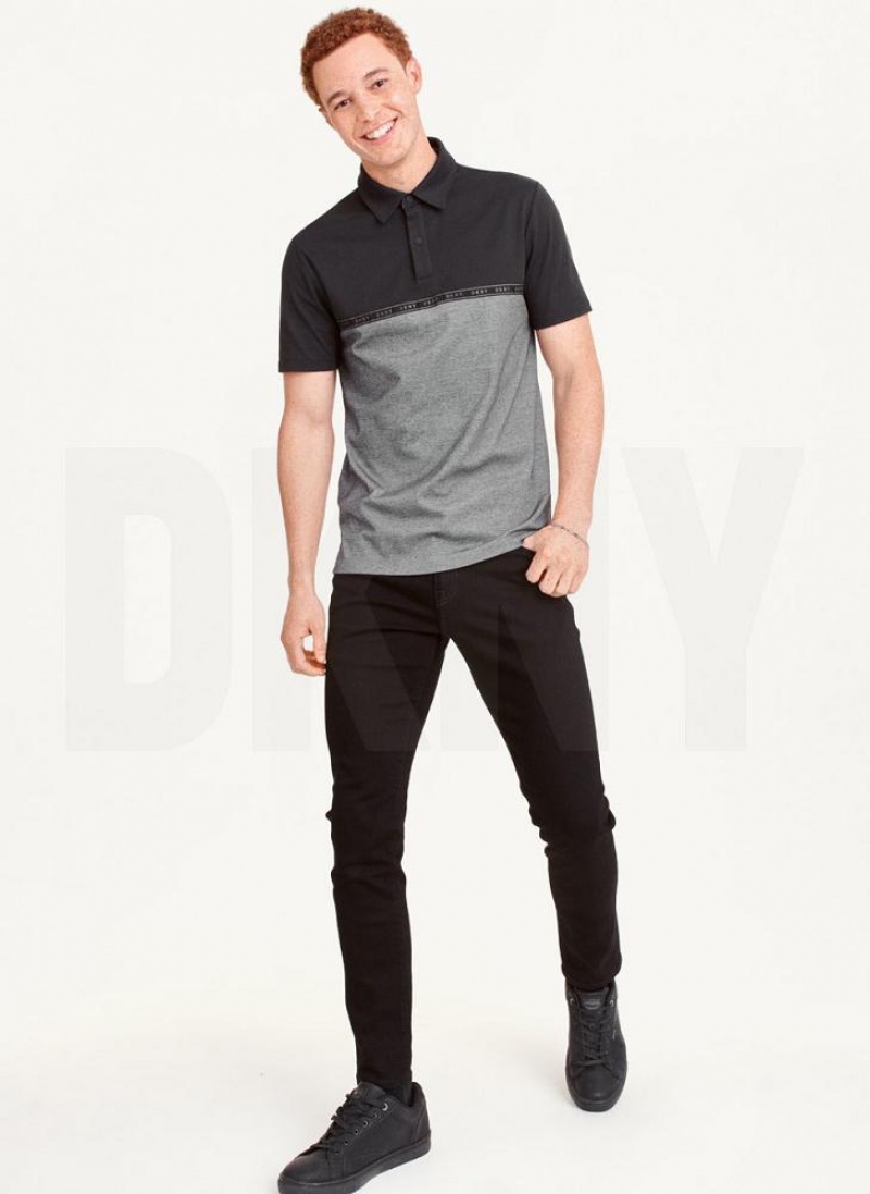Black DKNY Logo Tape Detail Men's Polo Shirts | USA-D0138