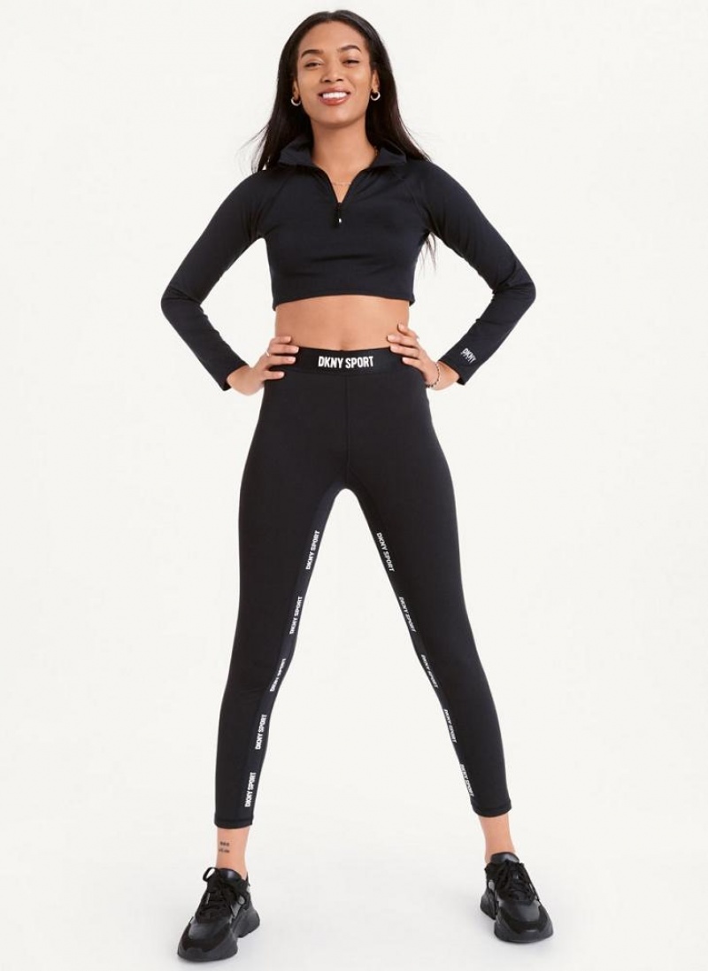 Black DKNY Logo Waistband Women's Leggings | USA-D0285