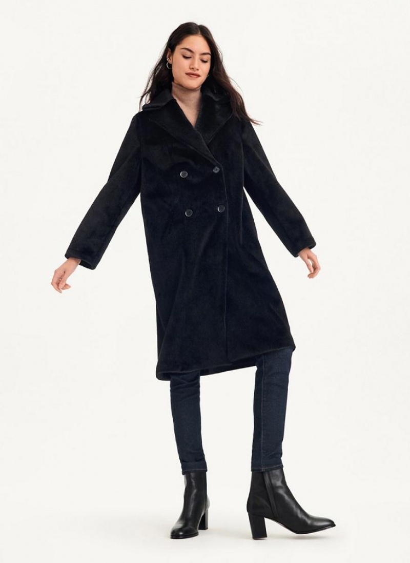 Black DKNY Long Faux Fur Women's Coats | USA-D0583