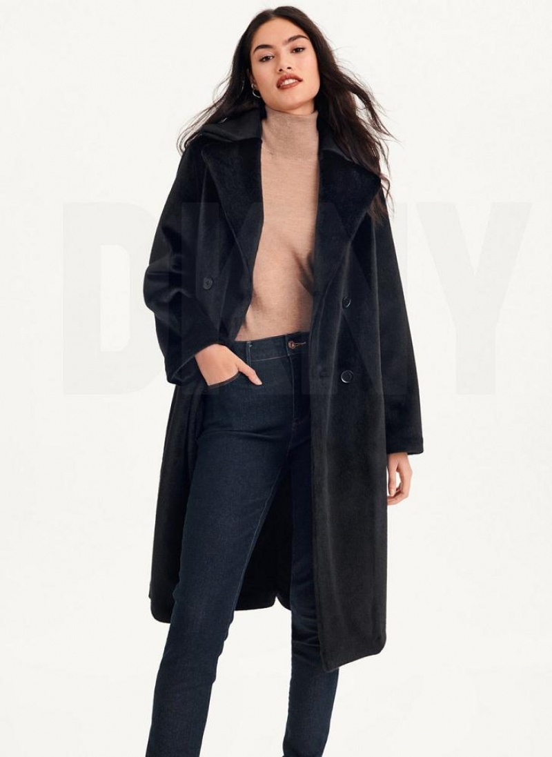 Black DKNY Long Faux Fur Women's Coats | USA-D0583