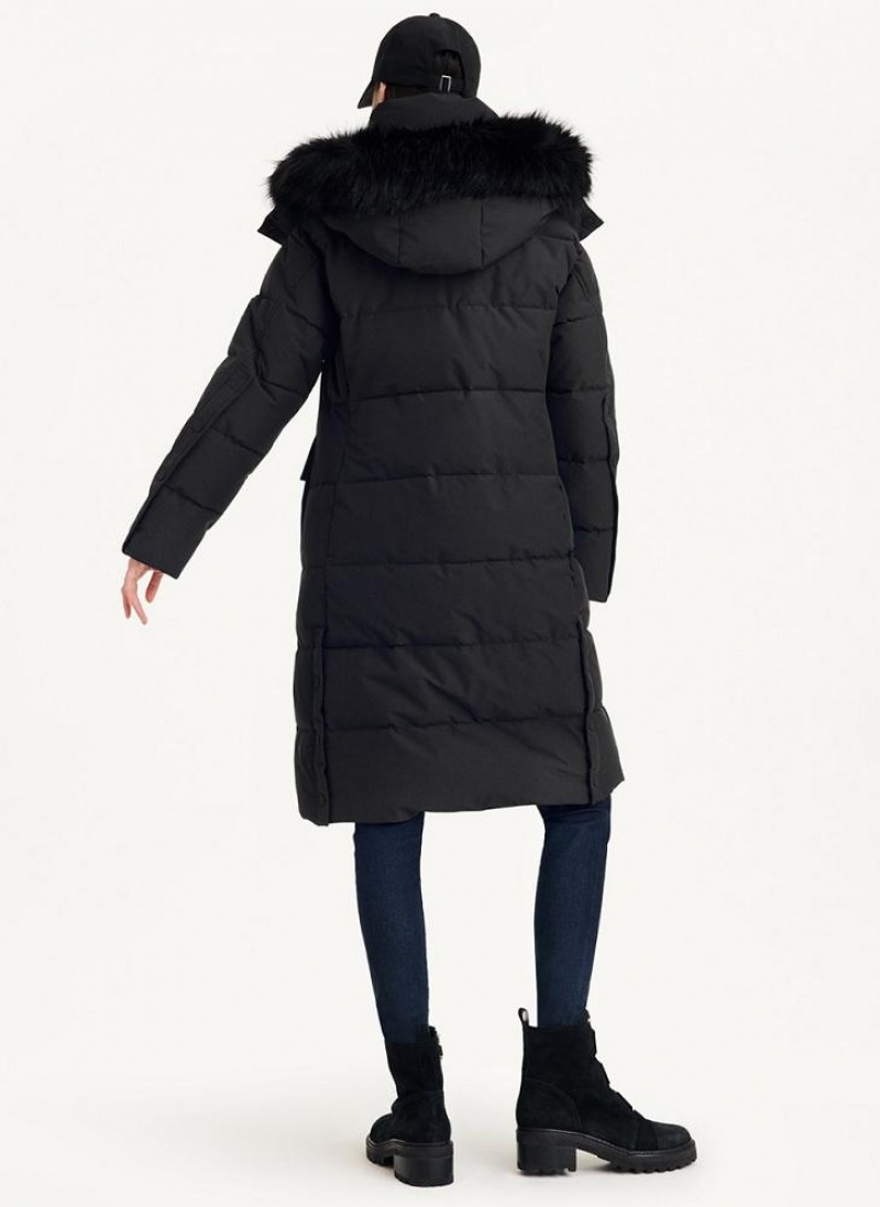 Black DKNY Long Puffer With Faux Fur Hood Women's Coats | USA-D0800